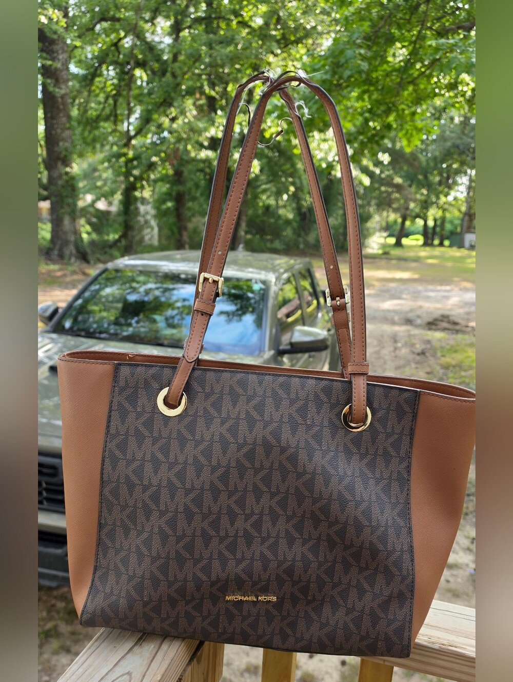 Michael Kors Brown MK Signature Tote with Tan Trim